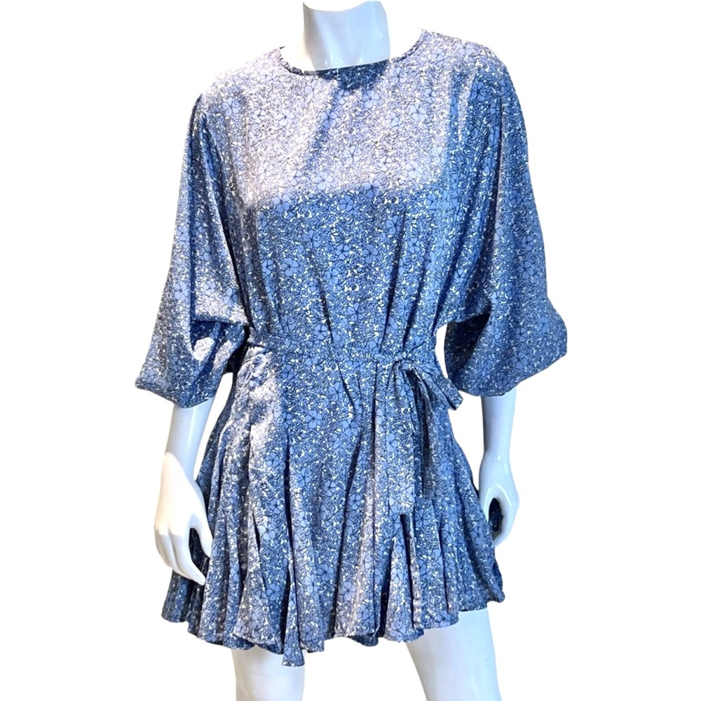Chicwish Blue Floral Long Sleeve Dress Belted Small Ruffles Flowy Ditsy Print